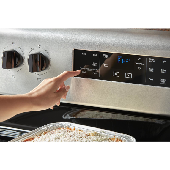 5.3 cu. ft. Whirlpool® electric range with Frozen Bake™ technology. YWFE505W0JW