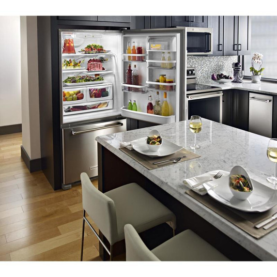 Kitchenaid® 22 cu.ft. 33-Inch Width Full Depth Non Dispense Bottom Mount Refrigerator KRBR102ESS
