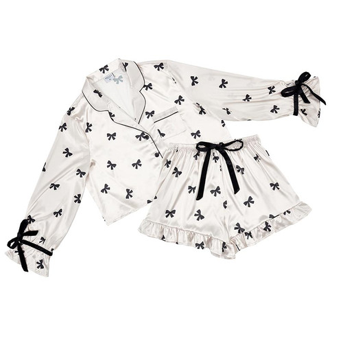 Velvet Two - Piece PJ Set - Ivory and Black Bows 