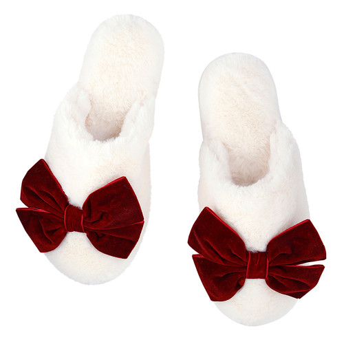 Plush Velvet Bow Slippers - Ivory + Burgundy Velvet Bow