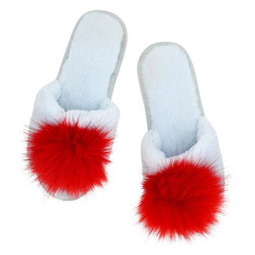 Plush Slippers - Light Blue + Red Pom Pom