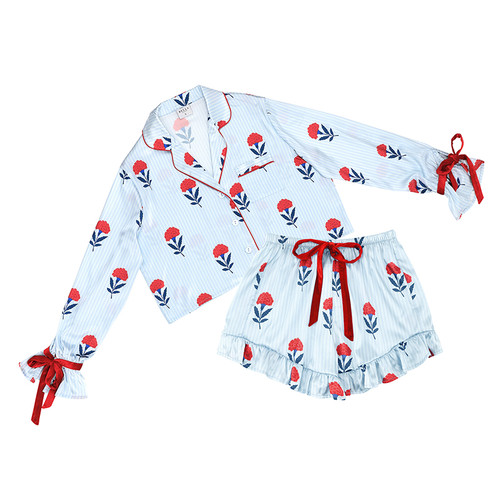 Long Sleeve Cropped Ruffled Top + Ruffled Short PJ Set with Velvet Ties- Red, White + Blue Floral