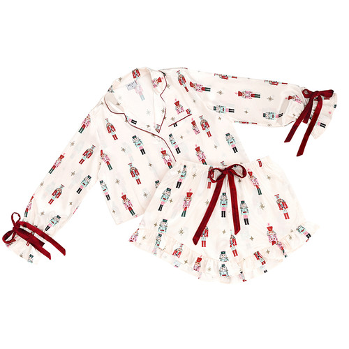 Cropped + Ruffled Short PJ Set with Velvet Ties - Ivory + Nutcrackers