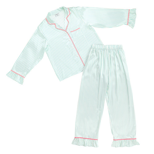 Full-Length Ruffled PJ Set - Ivory + Mint Stripes with Pink Rick Rack Trim