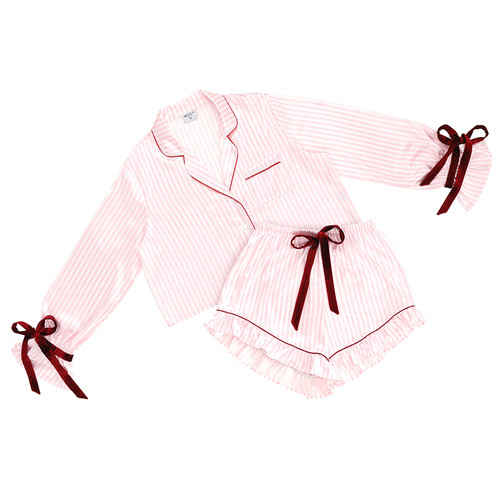 Cropped + Ruffled Short PJ Set with Velvet Ties - Pink + White Stripes