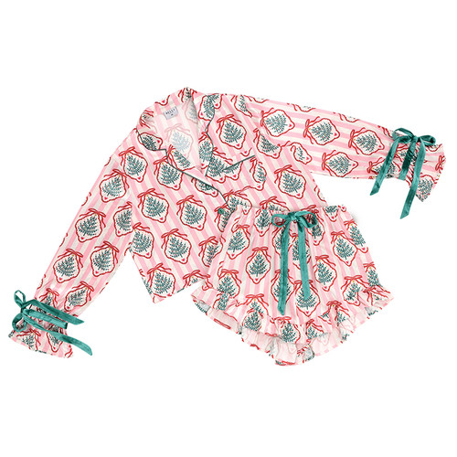 Cropped + Ruffled Short PJ Set with Velvet Ties - Pink Stripes + Doily Trees