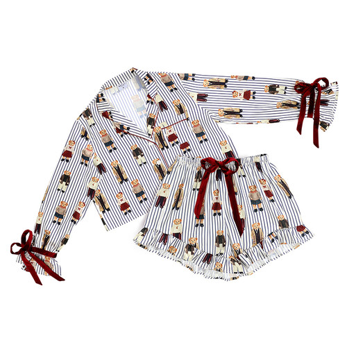 Cropped + Ruffled Short PJ Set with Velvet Ties - Navy Stripes + Bears