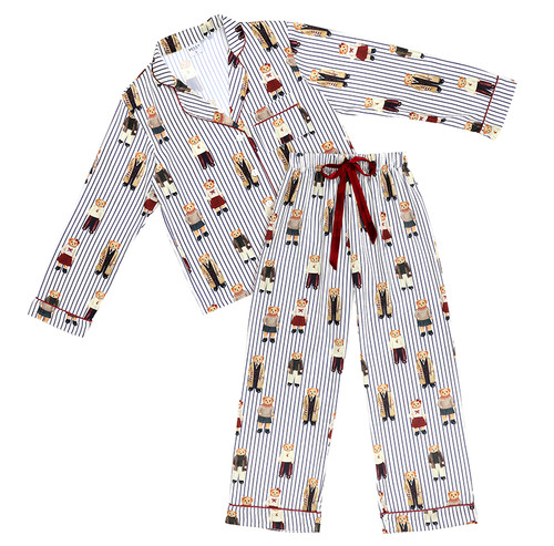 Full-Length PJ Set with Velvet Tie - Navy Stripes + Bears