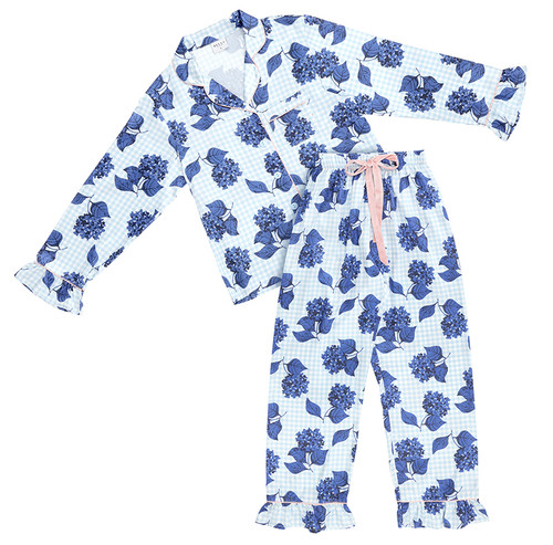 Full-Length Ruffled PJ Set with Velvet Tie - Blue Gingham + Hydrangeas