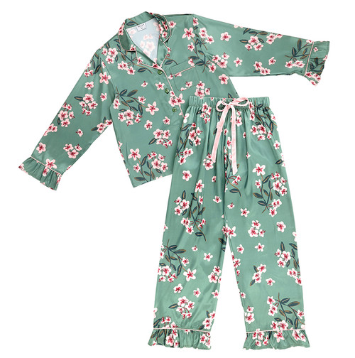 Full-Length Ruffled PJ Set with Velvet Tie - Green + Cherry Blossoms