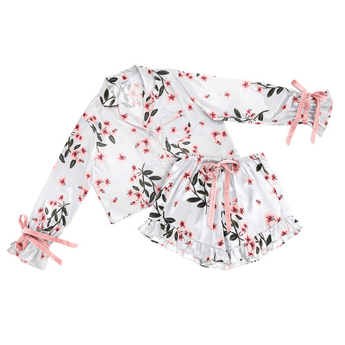 Cropped + Ruffled Short PJ Set with Velvet Ties - Blue + Cherry Blossoms