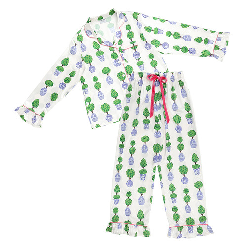 Full-Length Ruffled PJ Set with Velvet Tie - Ivory + Topiaries