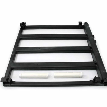 Black industrial heat exchanger assembly with rectangular plastic frame, parallel flow channels, and mounting brackets, heat transfer component used in HVAC, fluid circulation, and mechanical system applications on white background