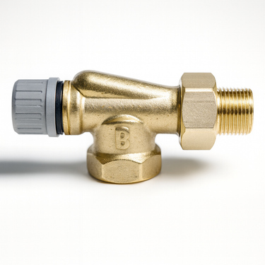 Brass plumbing valve with threaded male connector and gray plastic cap, used for heating and piping system control. Brass plumbing valve with threaded male connector and gray plastic cap, used for heating and piping system control.