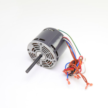 Electric HVAC blower motor with extended shaft, black housing, and multiple color-coded wires for installation in heating and cooling systems. Electric HVAC blower motor with extended shaft, black housing, and multiple color-coded wires for installation in heating and cooling systems.