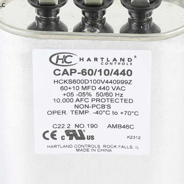 Hartland Controls CAP-60/10/440  60/10MFD 370/440V OVAL RUN CAP