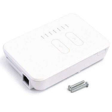 White smart control module with compact rectangular housing, directional control buttons, LED indicator lights, and Ethernet port, electronic interface device used for automation and control systems on white background