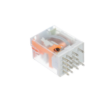 Transparent industrial electrical relay with visible internal contacts and orange actuator, compact plug-in control relay used in automation and electrical control applications on white background