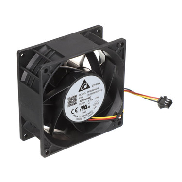Black square axial cooling fan with multi-blade impeller and attached power connector cable, industrial electronic cooling fan used for motors, control panels, and equipment ventilation on white background