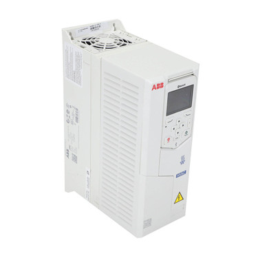 ABB HVAC variable frequency drive with front-mounted control keypad and ventilation housing, industrial motor drive used for pump and fan speed control in HVAC systems on white background