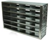Extra-tall stainless steel freezer rack with seven full-depth pull-out drawers holding 28 two-inch boxes, four per drawer