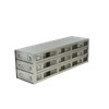 Stainless steel upright freezer drawer rack with 3 pull-out drawers for 100-cell hinged plastic boxes, 4 deep x 3 high