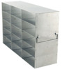 Crystal UF-352 stainless steel upright freezer rack holding fifteen 2-inch freezer boxes, 3 deep by 5 high