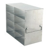 Crystal UF-242 stainless steel upright freezer rack holding eight 2-inch freezer boxes, 2 deep by 4 high