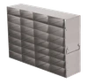 Crystal UF-472 stainless steel upright freezer rack holding twenty-eight 2-inch freezer boxes, 4 deep by 7 high
