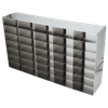 Crystal UF-572 stainless steel upright freezer rack holding thirty-five 2-inch freezer boxes, 5 deep by 7 high
