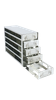 Stainless steel upright freezer drawer rack with 5 pull-out drawers for 100-cell hinged plastic boxes, 3 deep x 5 high