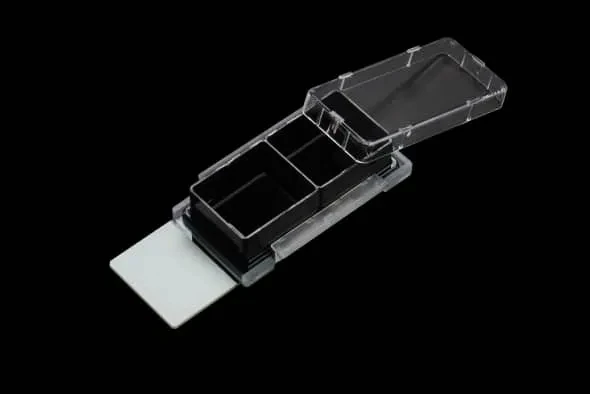 NEST 230112 2 Well Cell Culture Chamber Slide, Borosilicate Glass, Black Chamber, 4.55 cm² per Well, Sterile