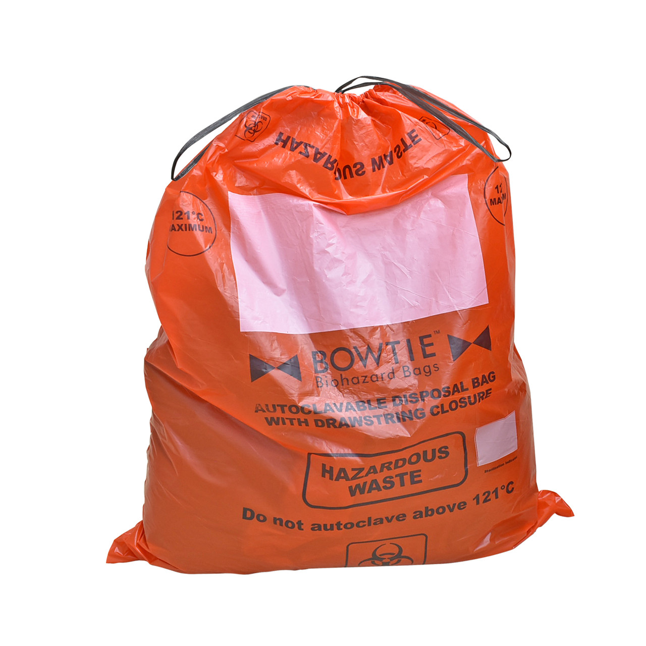 Bowtie™ Biohazard bags, autoclave bag with drawstring, PE, 33 x 41in. (84 x 104cm), with marking area and sterilization indicator, 100/pk