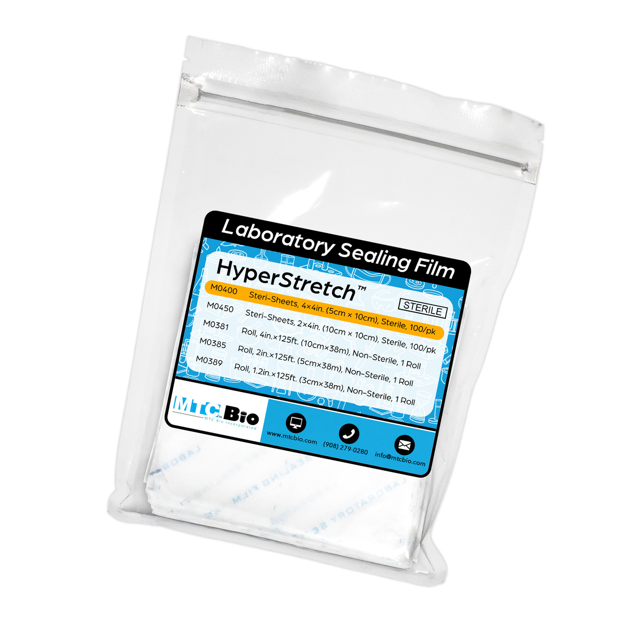 HyperStretch™ Multi-Purpose Laboratory Sealing Film, Steri-Sheets™, Paraffin/Polyolefin, Sterile Sheets of 4x4in., Resealable Bags, 100/pk
