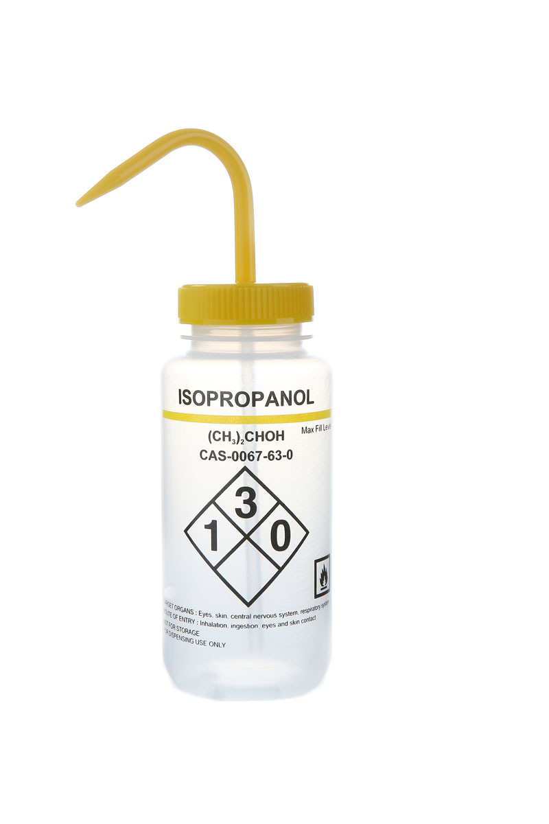 Wash Bottles Safety Labeled, Self Venting, Wide Mouth, 500mL, Isopropanol, Clear/Yellow