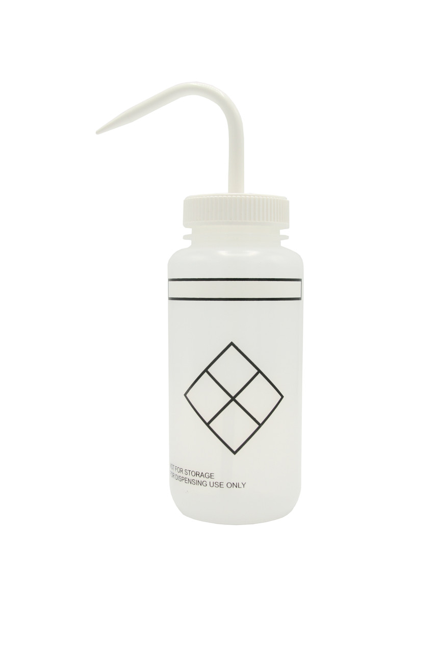 Wash Bottles Safety Labeled, Self Venting, Wide Mouth, 500mL, Self Labeling, Clear/Clear