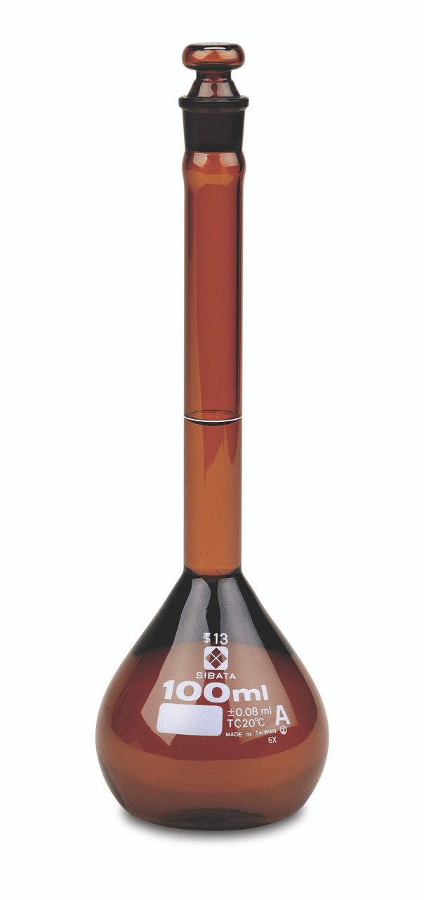 Volumetric Flask, Amber, Class A, Glass Stopper, 100 mL