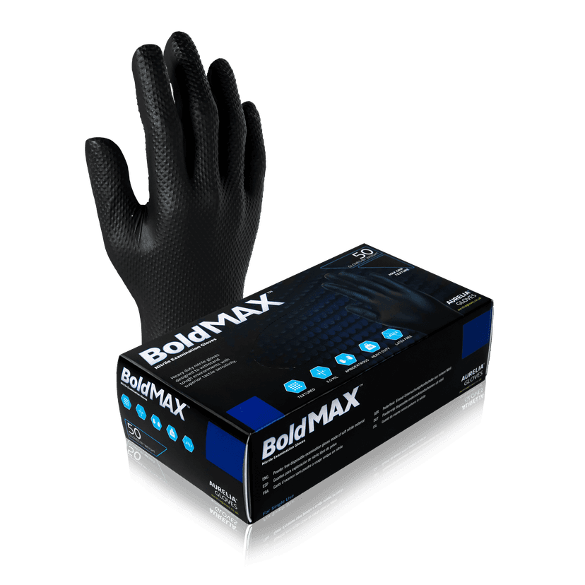 Aurelia BoldMAX 97897 Heavy-Duty Black Nitrile Gloves, Size Medium, Case of 1,000 (10 Boxes x 100)