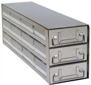 UFD-432 upright freezer drawer rack loaded with 12 standard 2-inch freezer boxes in 4 deep x 3 high configuration