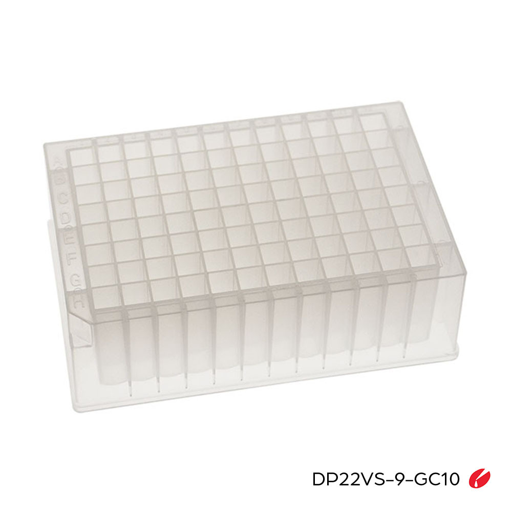 MTC Bio ILP Glass Coated Multiwell Plate | 96 Square Well, V-Bottom, SiO₂ Glass Coated Wells | 2.2 mL | 41.20mm Height | 10 Plates/Pack | Cat # DP22VS-9-GC10