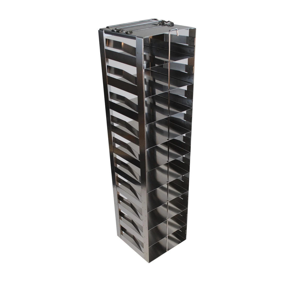 Stainless Steel Vertical Freezer Rack with Spring Clips for Standard 2" Boxes | 10 Boxes High | Chest & LN2 Freezers | Double-Welded | Rack Only | Cat # CF-10-2-S