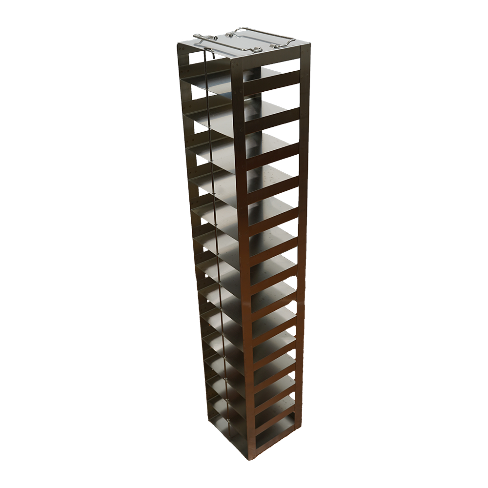 Stainless Steel Vertical Freezer Rack with Spring Clips for Standard 2" Boxes | 14 Boxes High | Chest & LN2 Freezers | Double-Welded | Rack Only | Cat # CF-14-2-S
