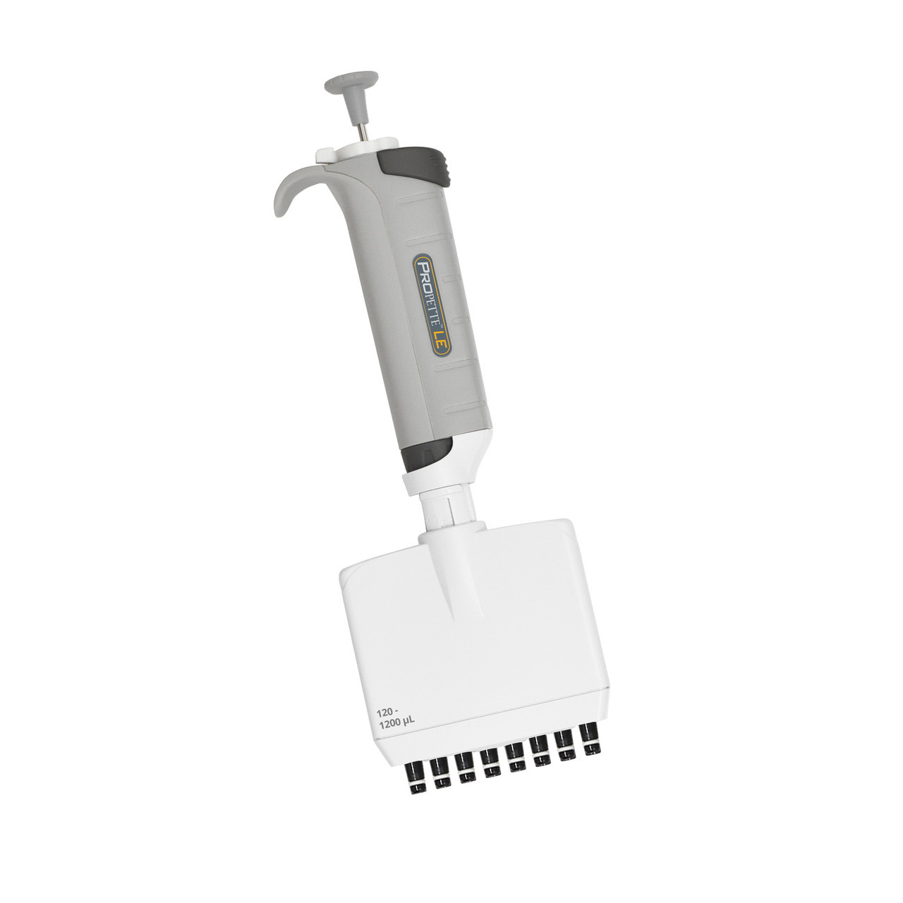 MTC Bio ProPette LE 8-channel large-volume pipette, 120 to 1200 µL, gray handle with eight cones for deep-well plates