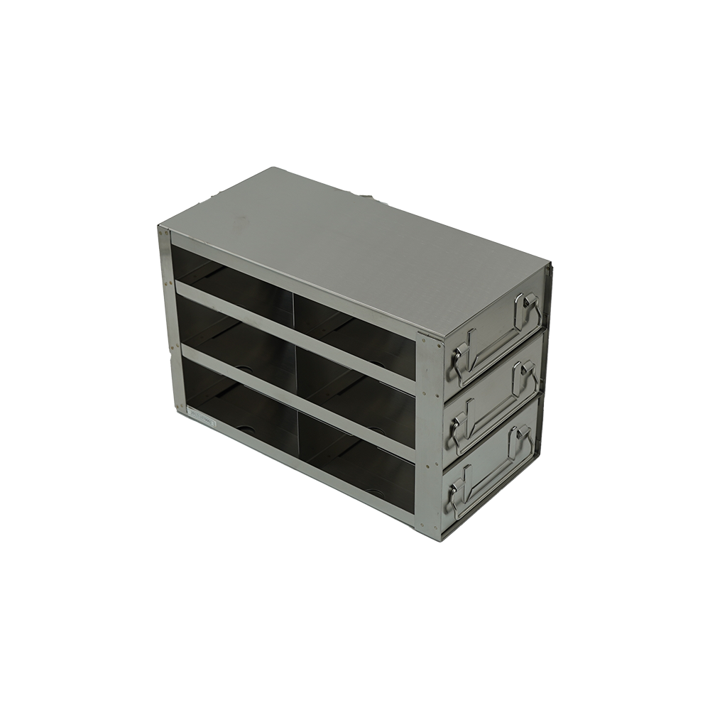 Stainless steel upright freezer rack with three stacked pull-out drawers holding six 2-inch sample boxes, two per drawer