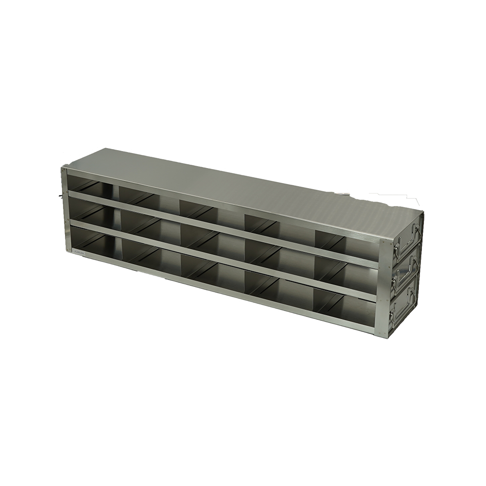 Extra-deep stainless steel freezer drawer rack with three 27-inch pull-out drawers, each holding five 2-inch boxes