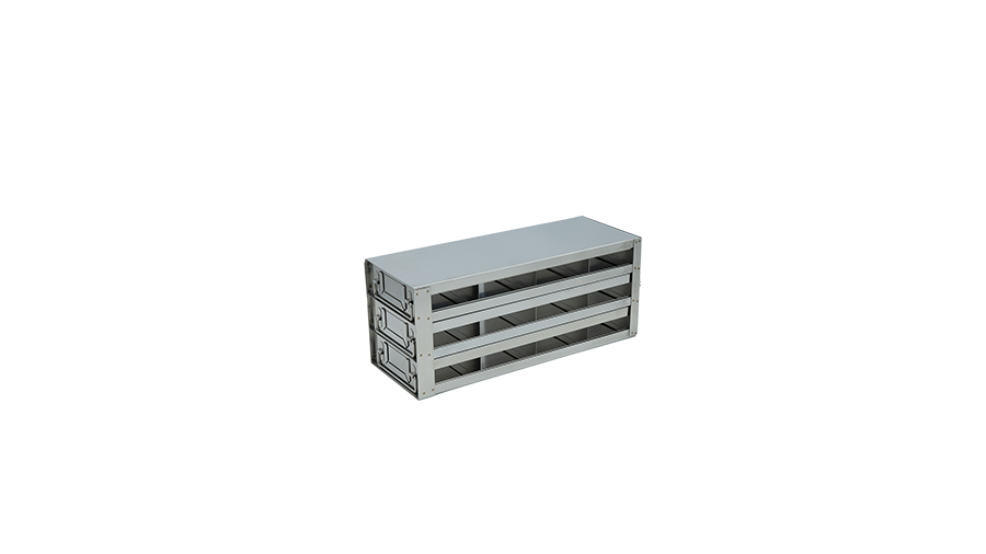 Stainless steel upright freezer drawer rack with 4 pull-out drawers for 96 deep-well plates, 4 deep x 4 high