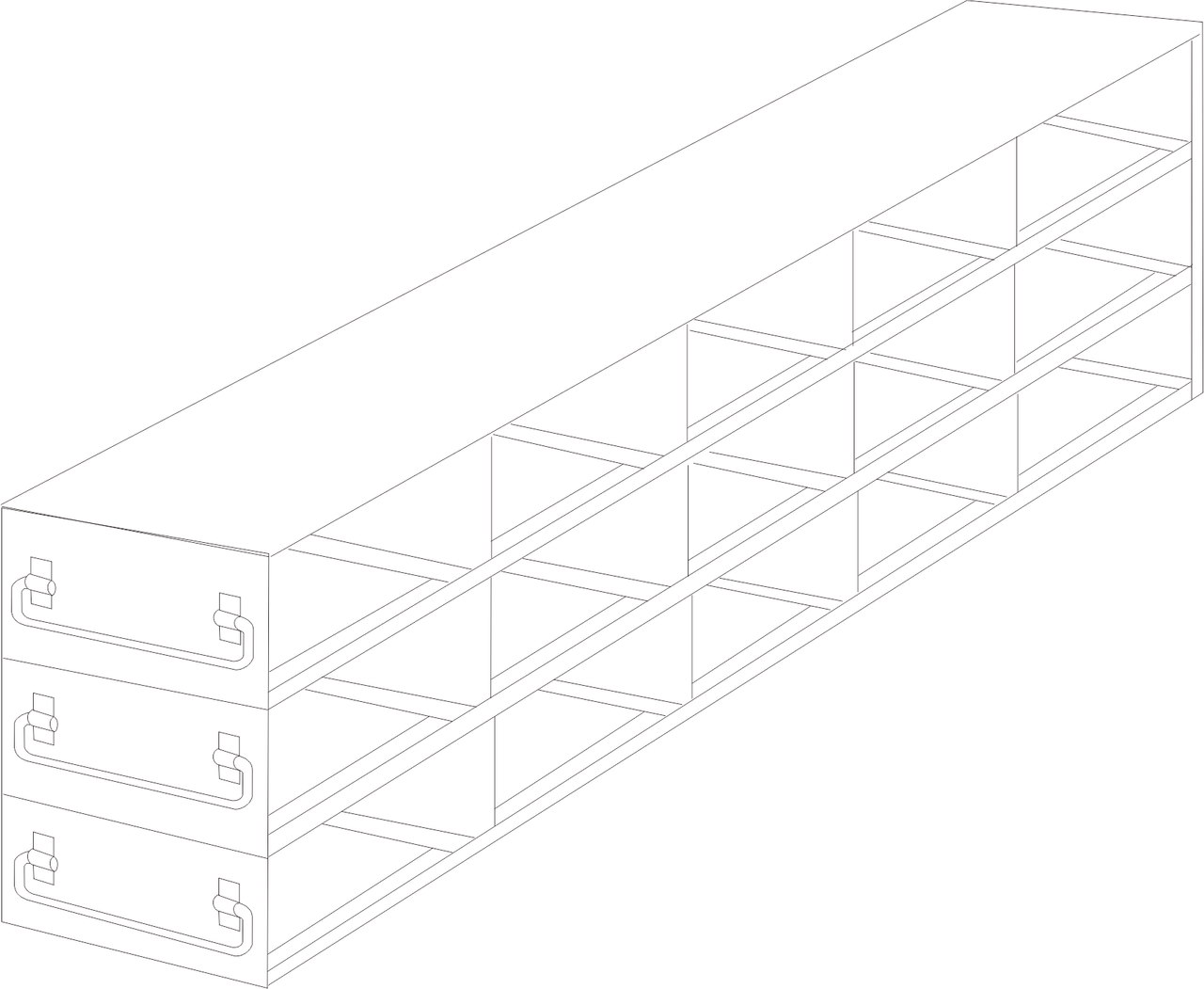 Stainless steel upright freezer drawer rack with 3 pull-out drawers for 96 deep-well plates, 5 deep x 3 high