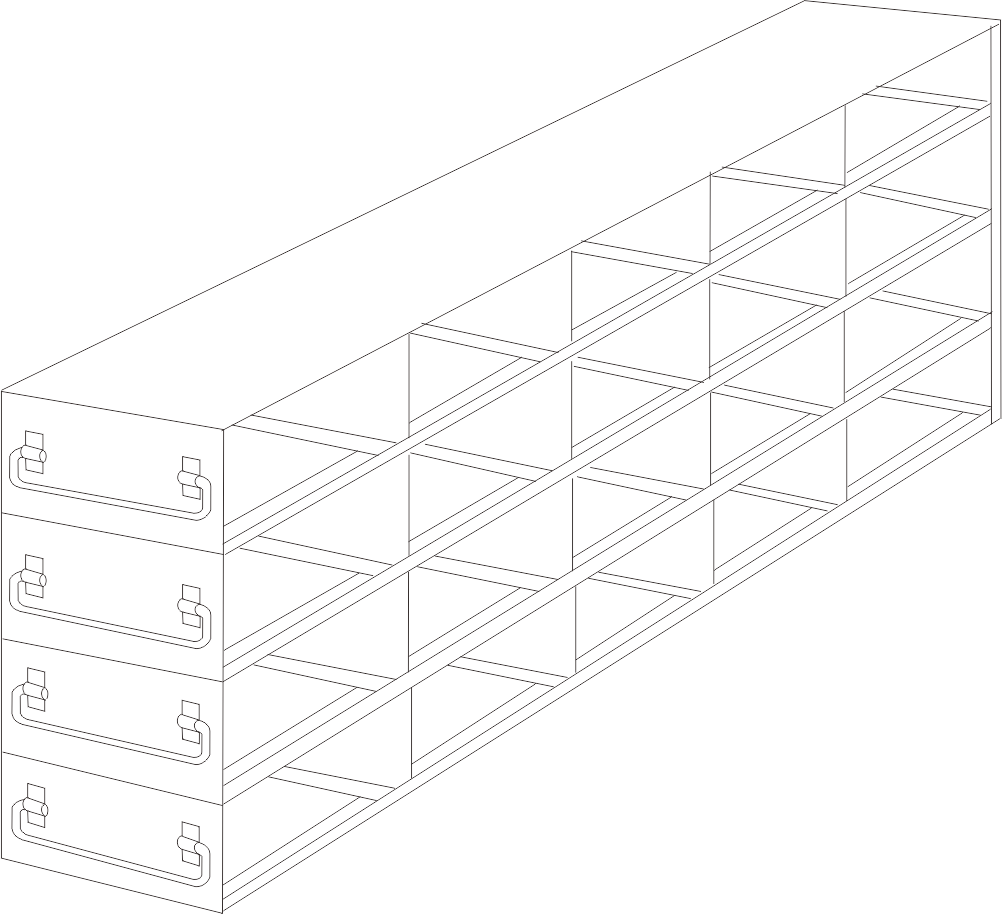 Stainless steel upright freezer drawer rack with 4 pull-out drawers for 96 deep-well plates, 5 deep x 4 high