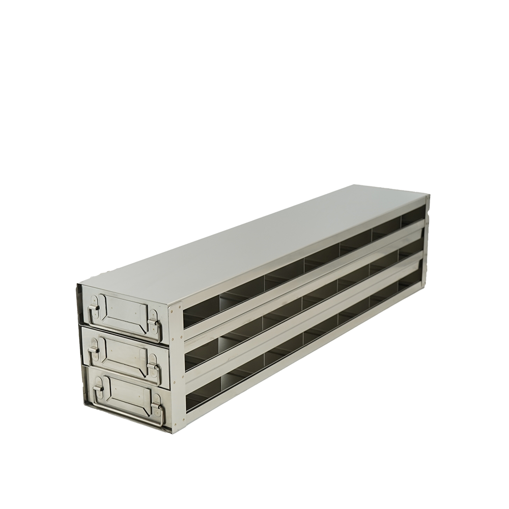Stainless steel upright freezer drawer rack with 3 pull-out drawers for 96 deep-well plates, 7 deep x 3 high