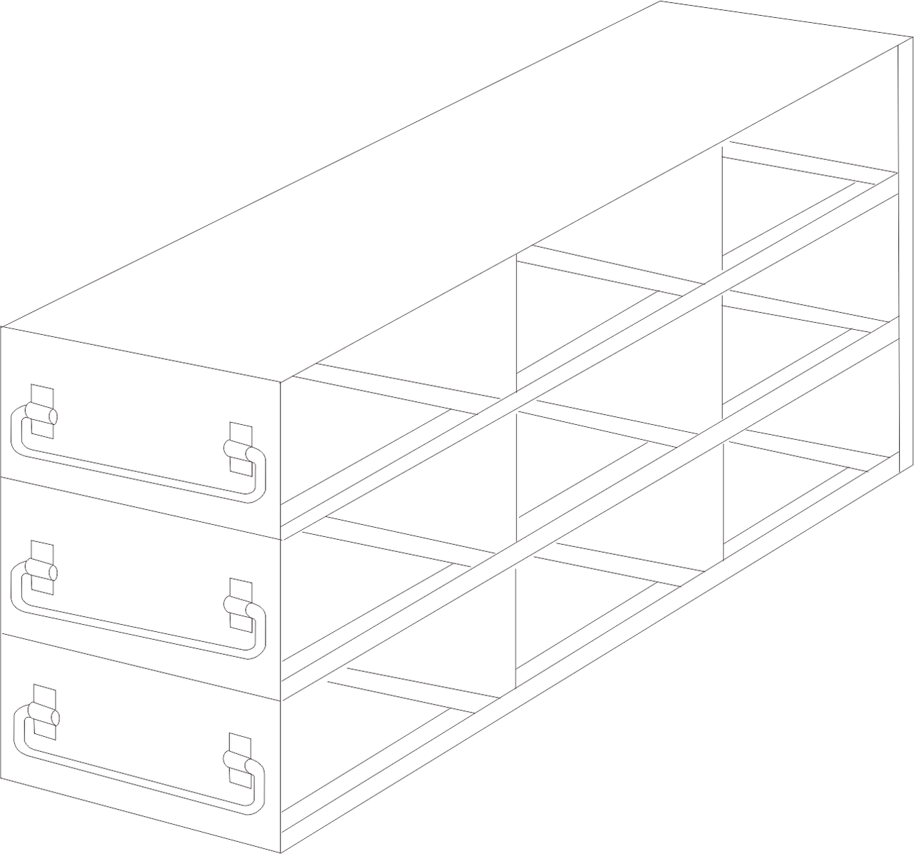 Stainless steel upright freezer drawer rack with 3 pull-out drawers for 50-cell hinged top plastic boxes, 3 deep x 3 high
